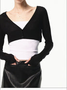 RARELY ALIKE Silk Wool Cropped V Neck Cardigan in Black - On Female Model