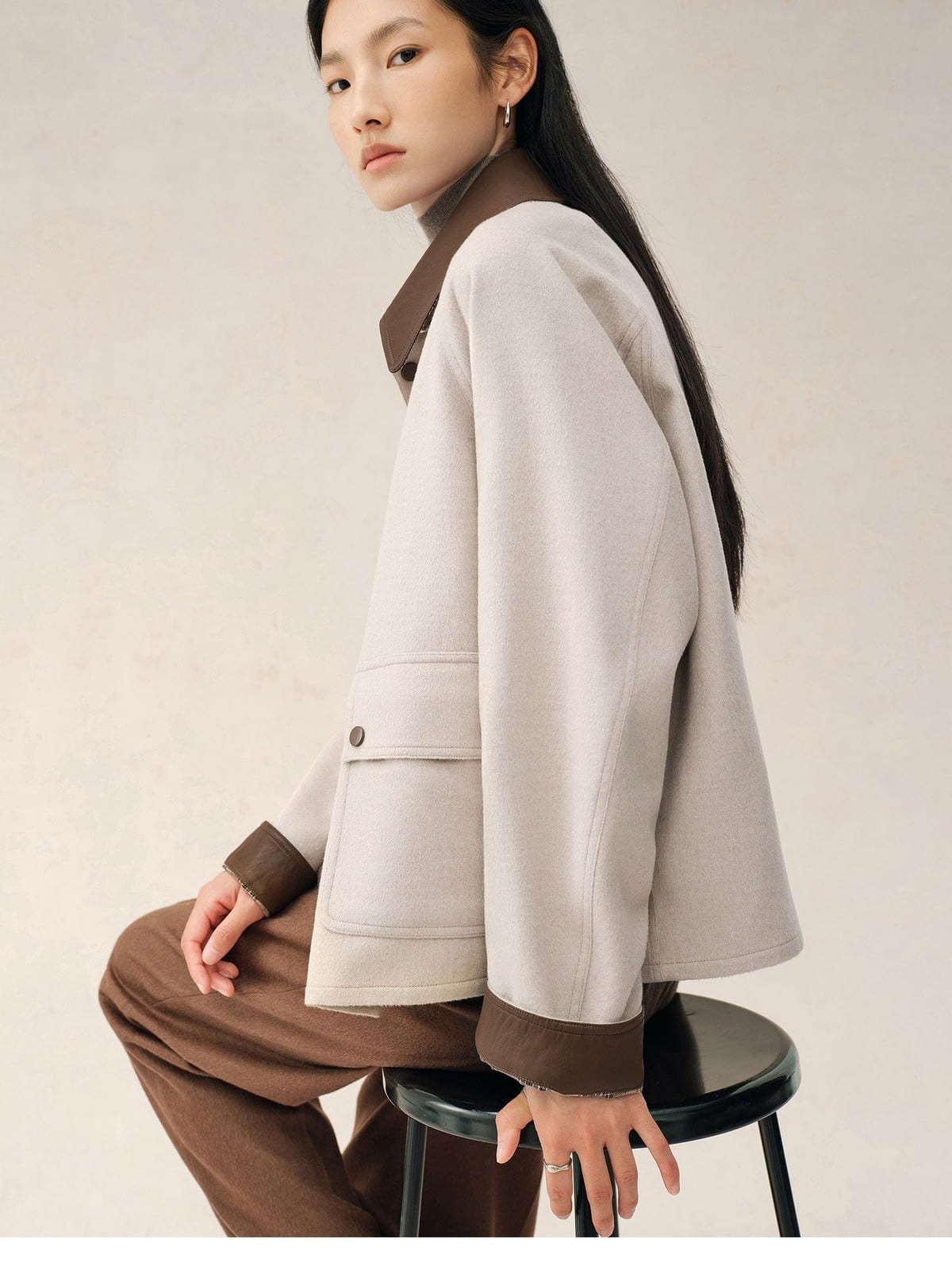 TEASEL Cropped Silk Camel Hair Barn Jacket in Oatmeal - On Female Model