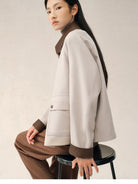 TEASEL Cropped Silk Camel Hair Barn Jacket in Oatmeal - On Female Model