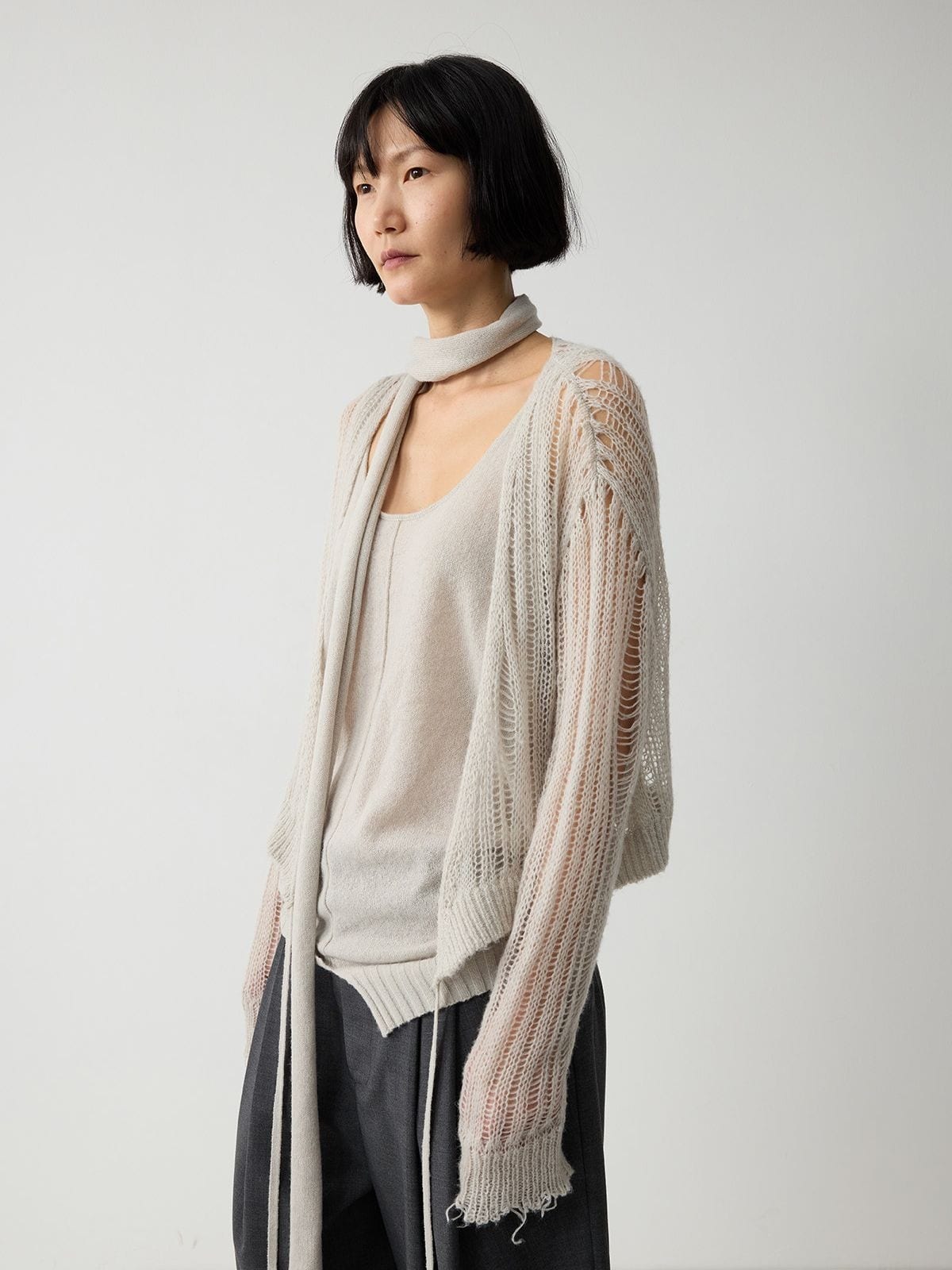 Random Piece Alpaca Blend Pointelle Tie Front Cardigan in Beige - On Female Model