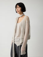 Random Piece Alpaca Blend Pointelle Tie Front Cardigan in Beige - On Female Model