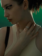 BLACKHEAD Stackable Chain Logo Bar Ring Set in Silver - On Female Model