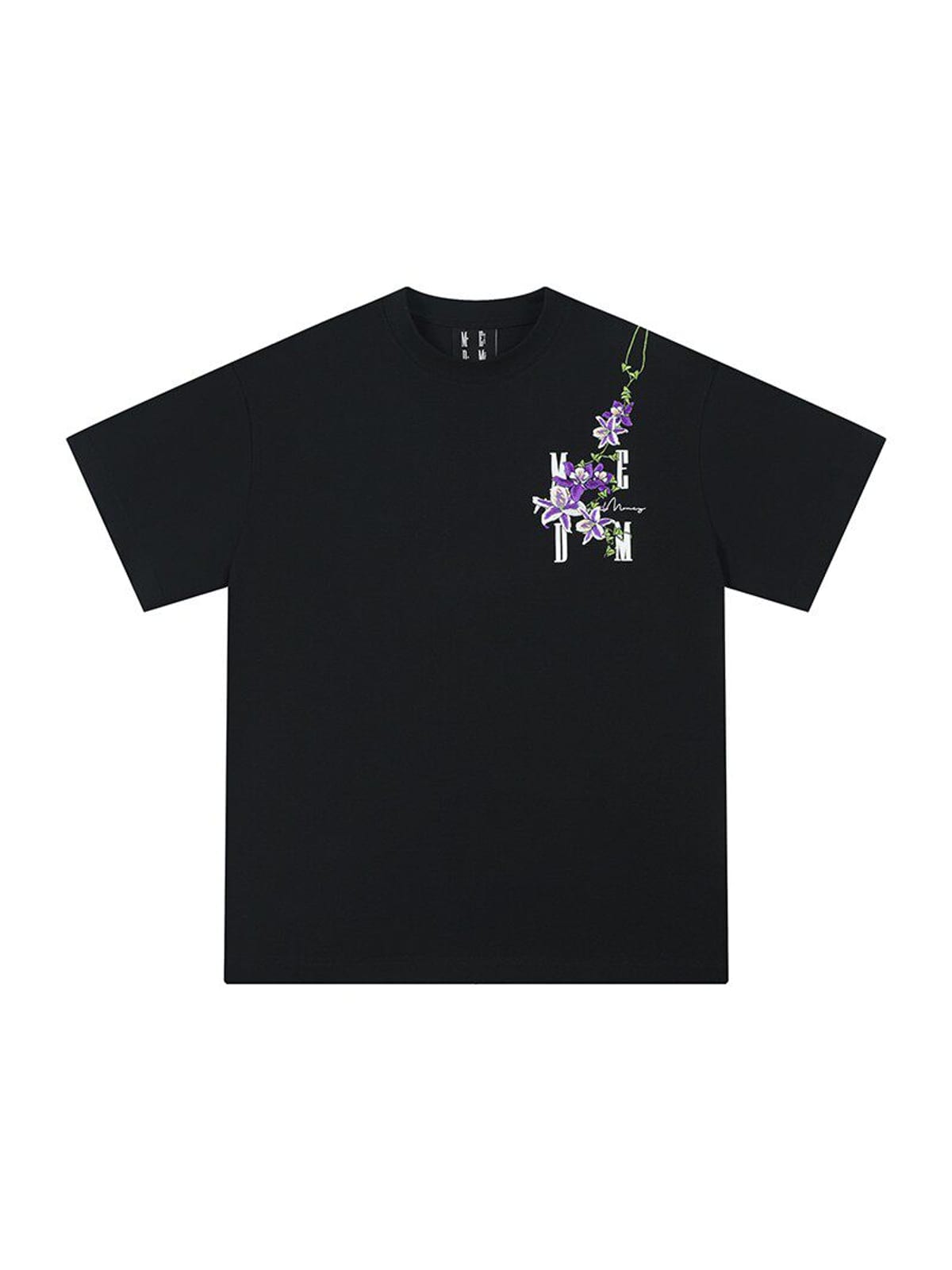MEDM Floral Vine Embroidered T Shirt in Black