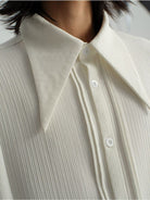JCAESAR STUDIO Striped Pleated Pointed Collar Shirt in White - On Model