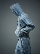 BLINDNOPLAN Mud Dyed Ink Splash Masked Hooded Jacket in Blue - On Model