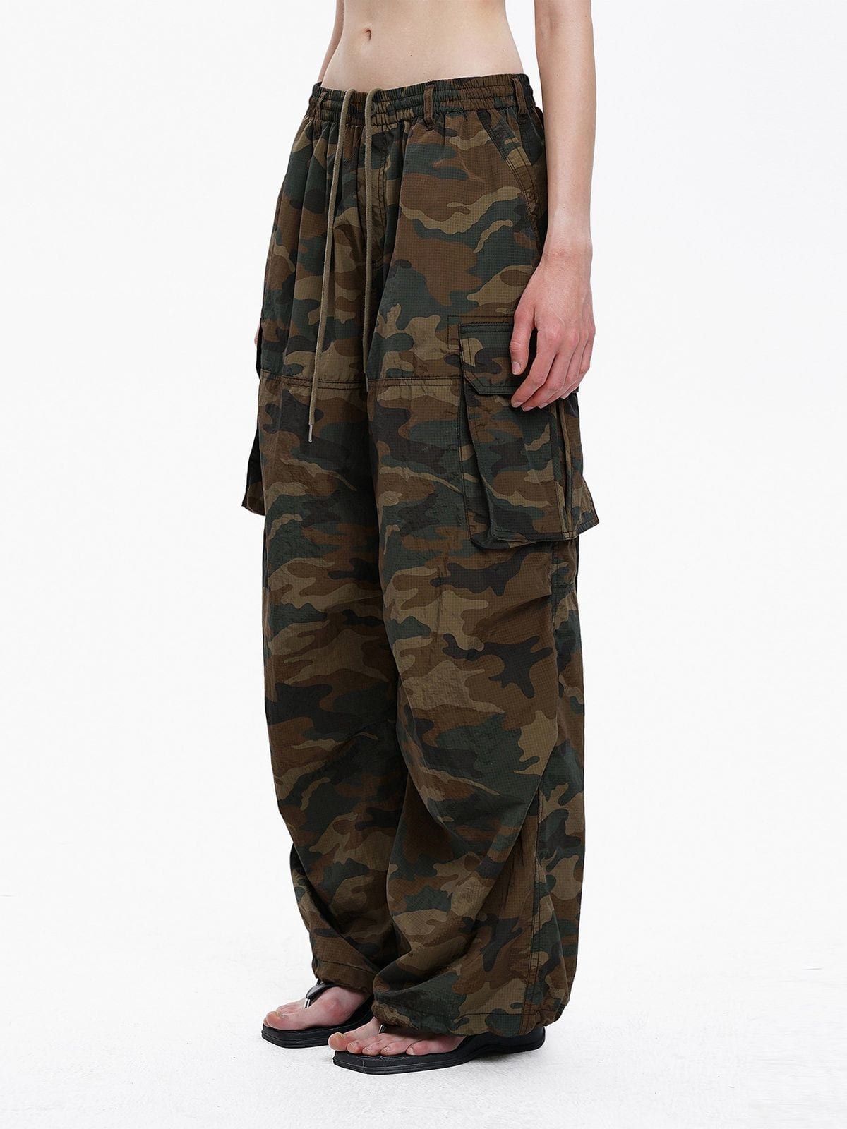 MASONPRINCE Camo Nylon Cargo Parachute Pants in Brown - On Female Model