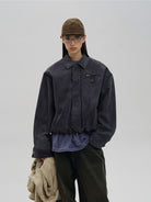MASONPRINCE Distressed Cotton Cocoon Workwear Jacket in Charcoal - On Female Model