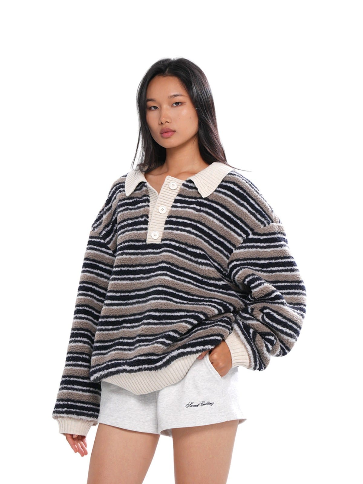 SweetChilling Striped Polar Fleece Polo Pullover in Brown - On Female Model