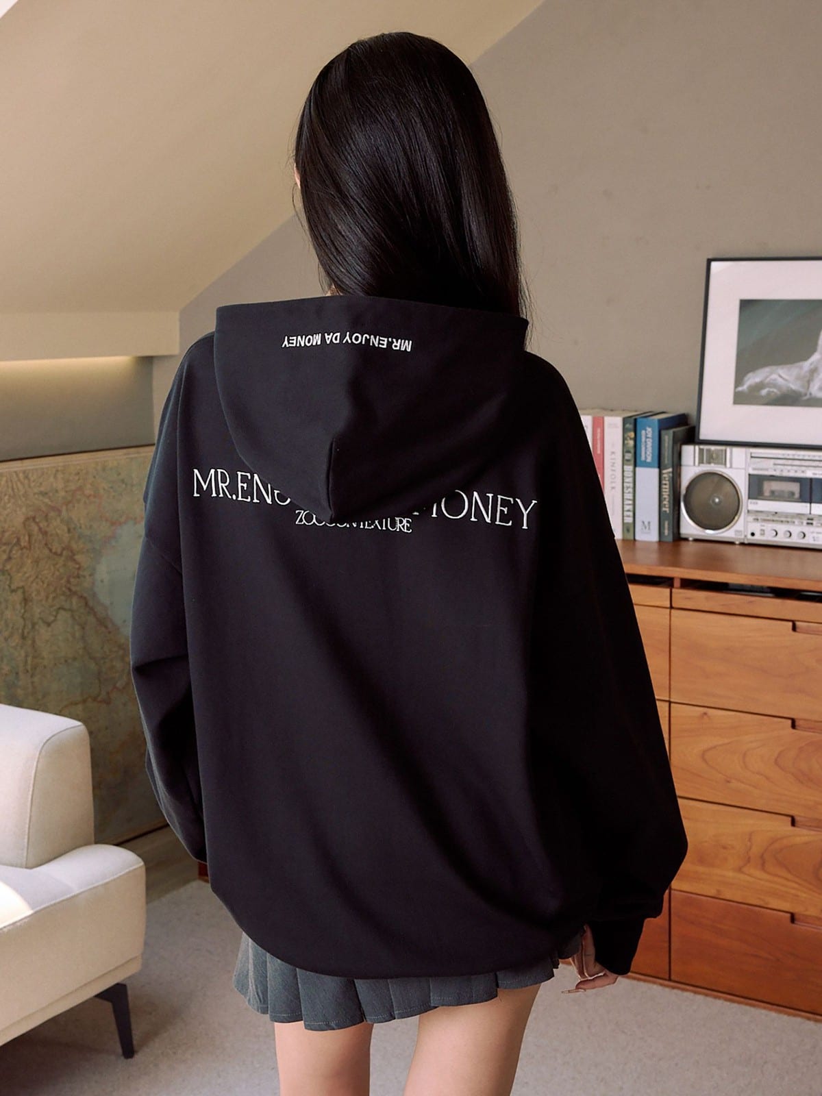 MEDM Animal Print Logo Pullover Hoodie in Black - On Model