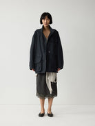 Random Piece Enzyme Washed Cotton Workwear Jacket in Navy Blue - On Female Model
