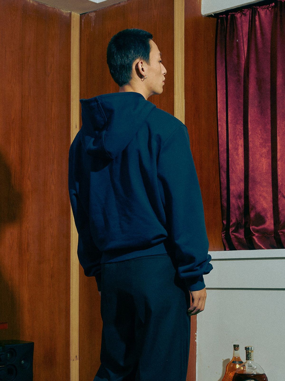 SOD Embroidered Padded Shoulder Hoodie in Blue - On Male Model