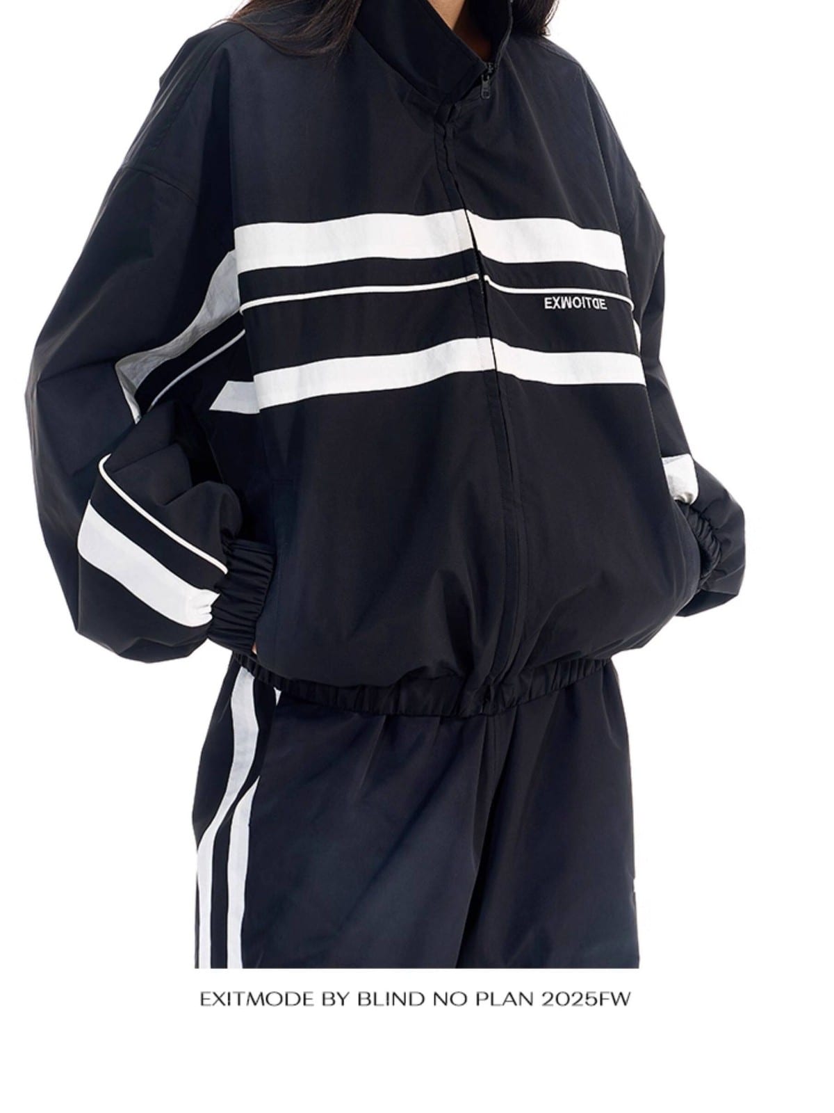 BLINDNOPLAN Color Blocked Zip Up Track Jacket in Black - On Model