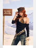 BeerBro Cowl Neck Top Leopard Cami Set in Black - On Female Model