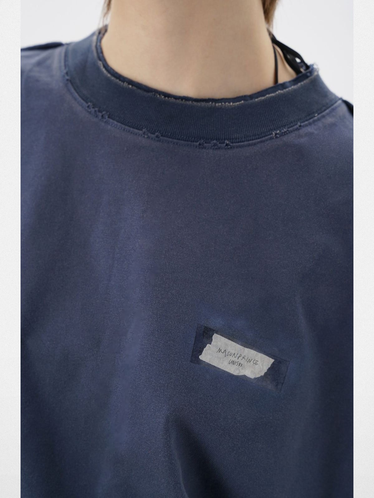 MASONPRINCE Exposed Seam Tape Print T Shirt in Navy Blue - On Model