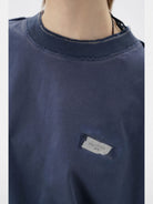 MASONPRINCE Exposed Seam Tape Print T Shirt in Navy Blue - On Model
