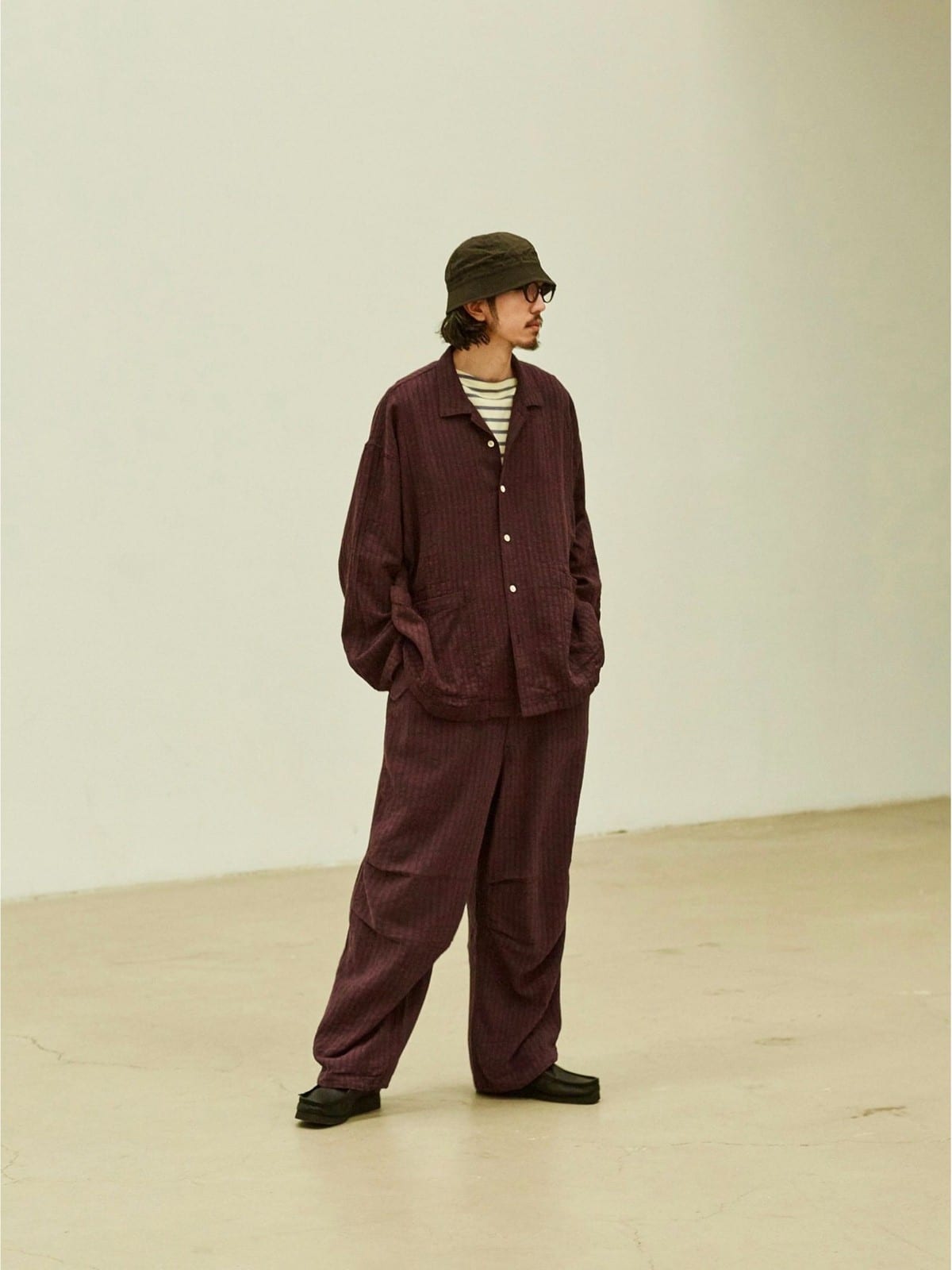 USAGE Textured Cotton Ramie Work Shirt in Purple - On Male Model
