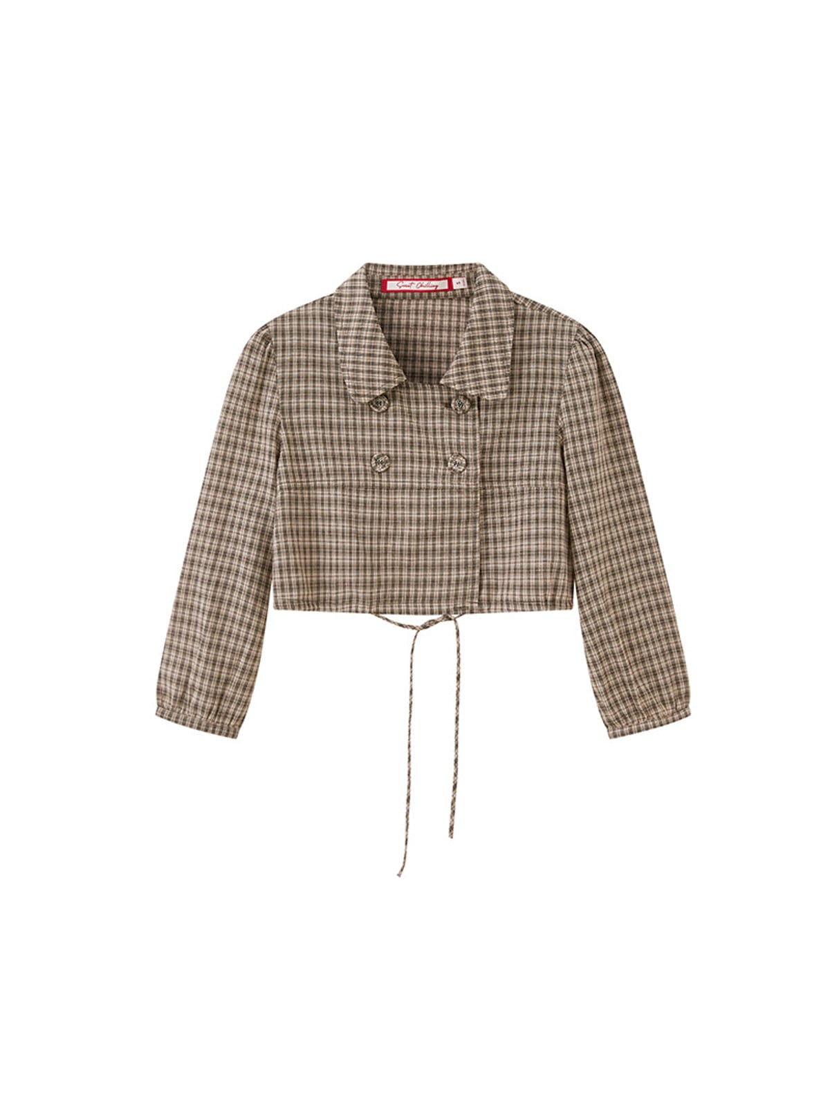 SweetChilling Plaid Double Breasted Cropped Top in Brown