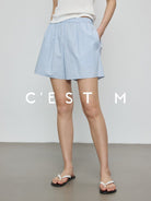 CEST M Striped Organic Pima Cotton Shorts in Sky Blue - On Female Model