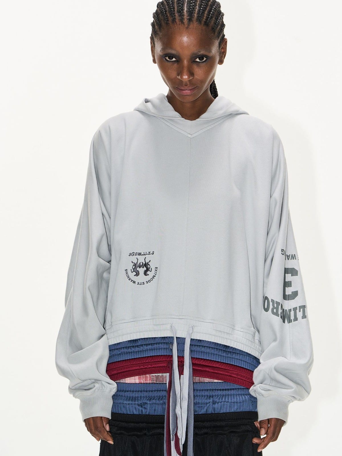 BLINDNOPLAN Layered Waistband Spliced Hoodie in Gray - On Female Model