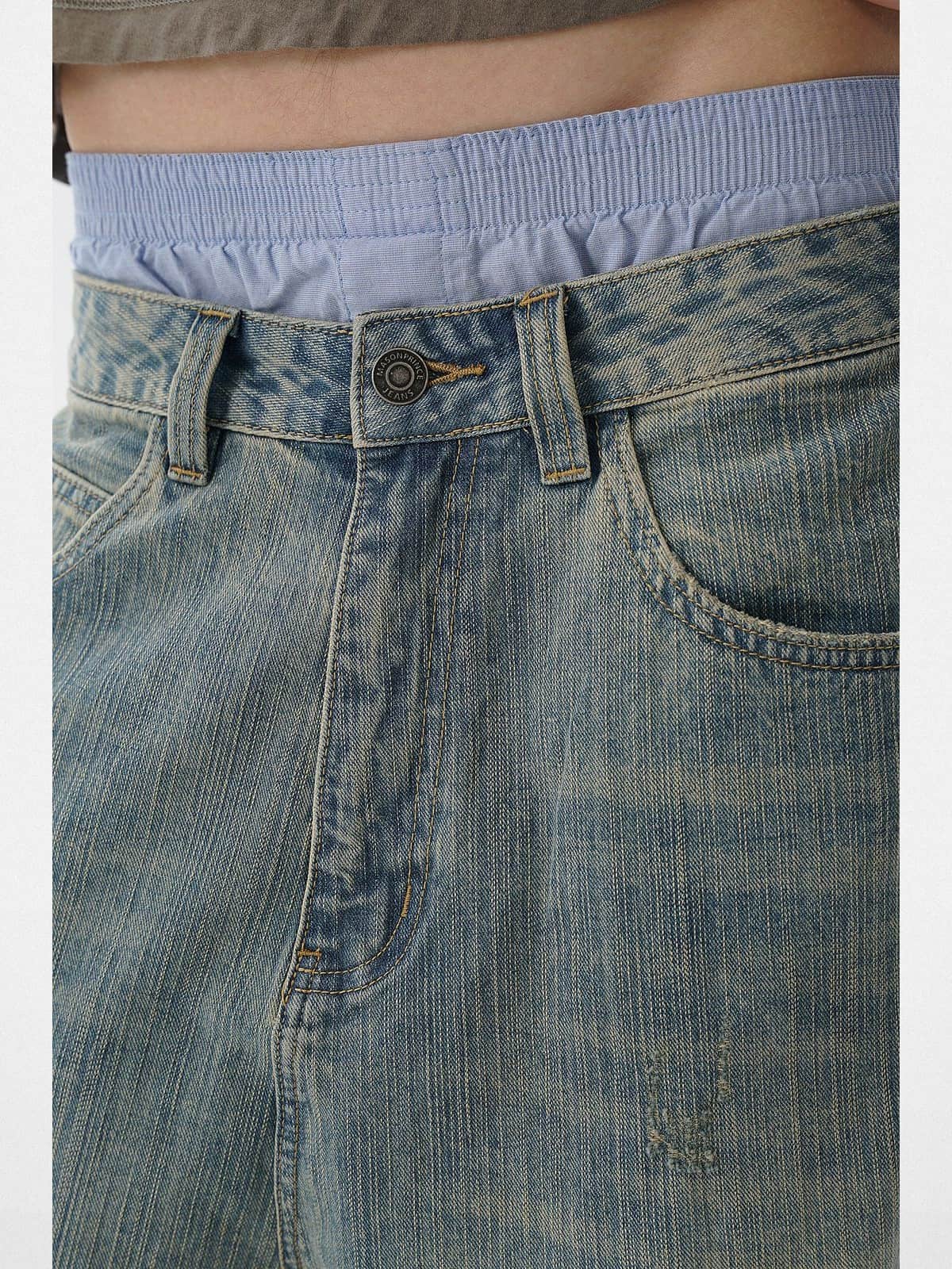 MASONPRINCE Frayed Hem Slub Denim Pants in Light Blue - On Model