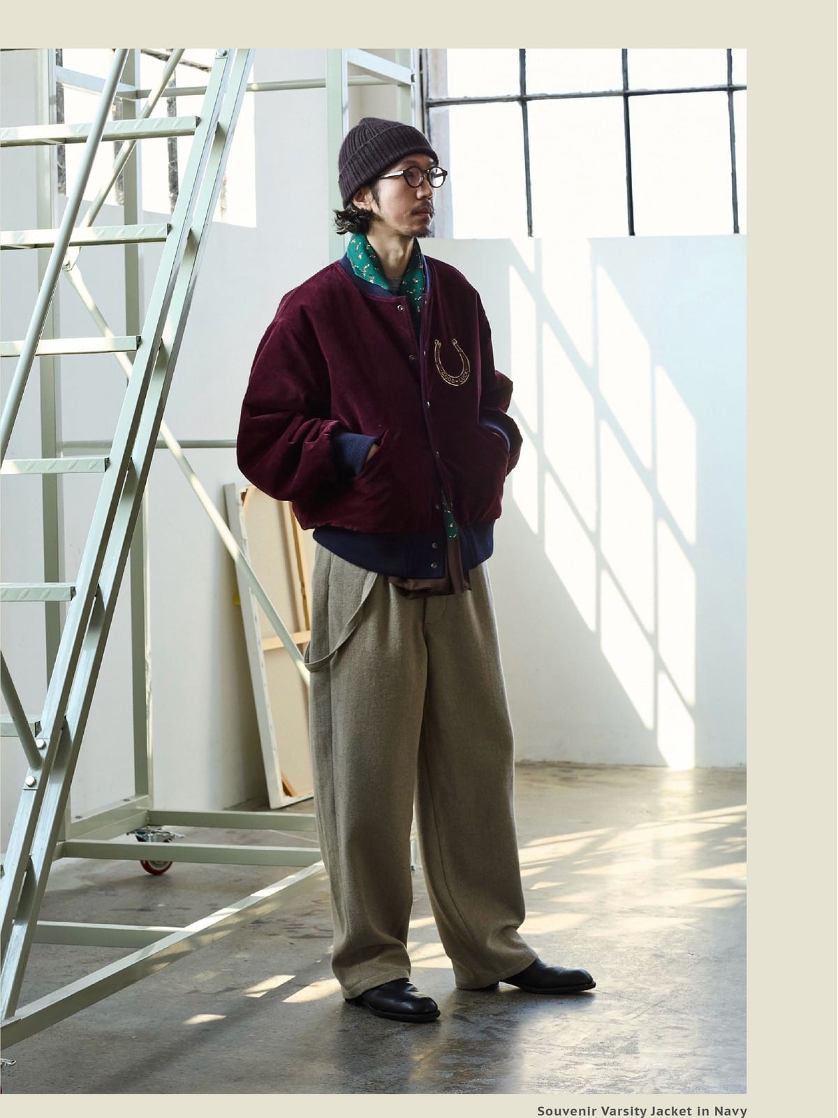 USAGE Reversible Velvet Leather Varsity Jacket in Navy Blue - On Male Model