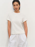 MSBEAST Cotton Blend Tapered Waist T Shirt in White - On Female Model