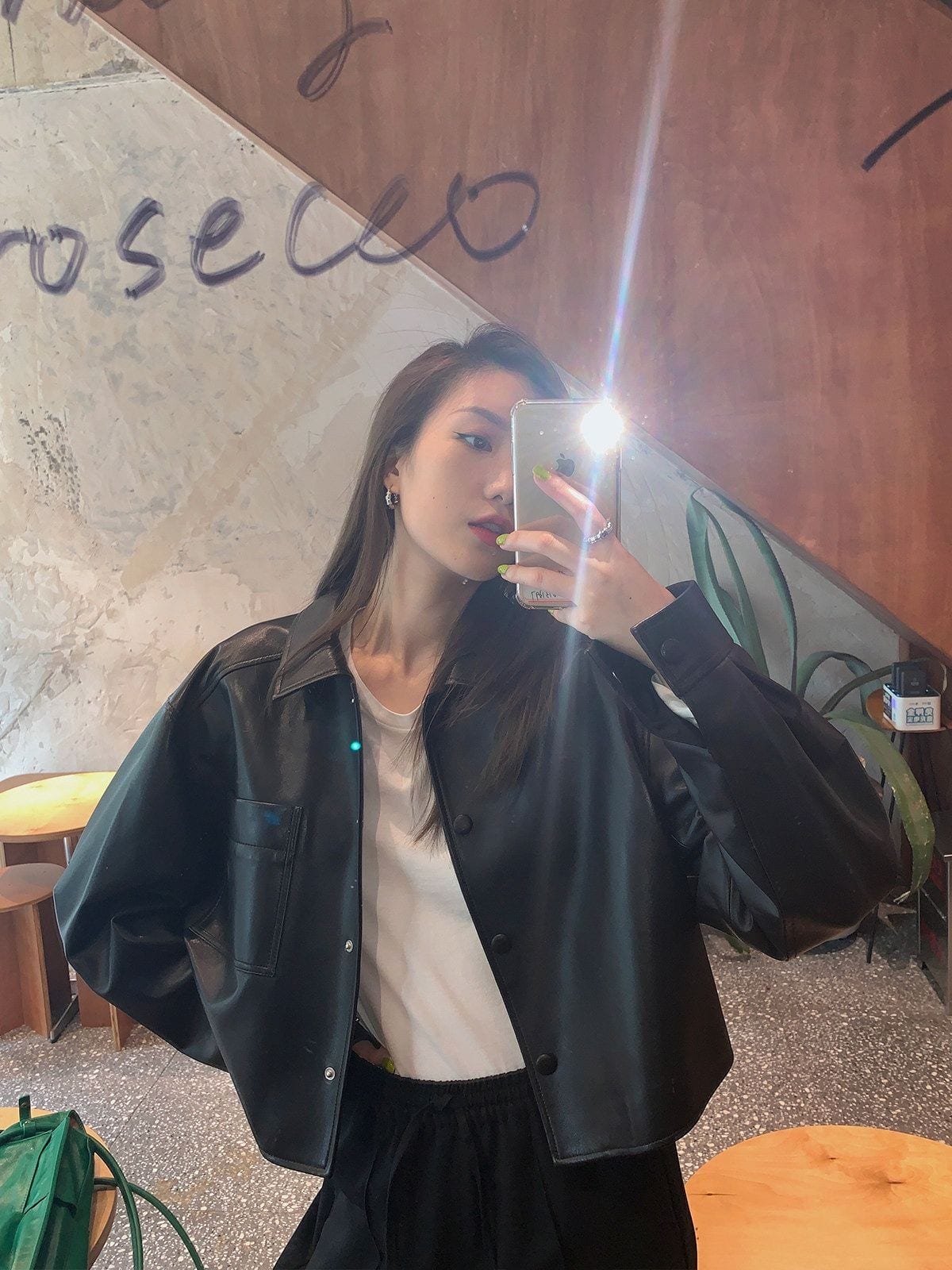 MSBEAST Cropped Sheepskin Leather Shirt Jacket in Black - On Female Model