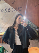 MSBEAST Cropped Sheepskin Leather Shirt Jacket in Black - On Female Model