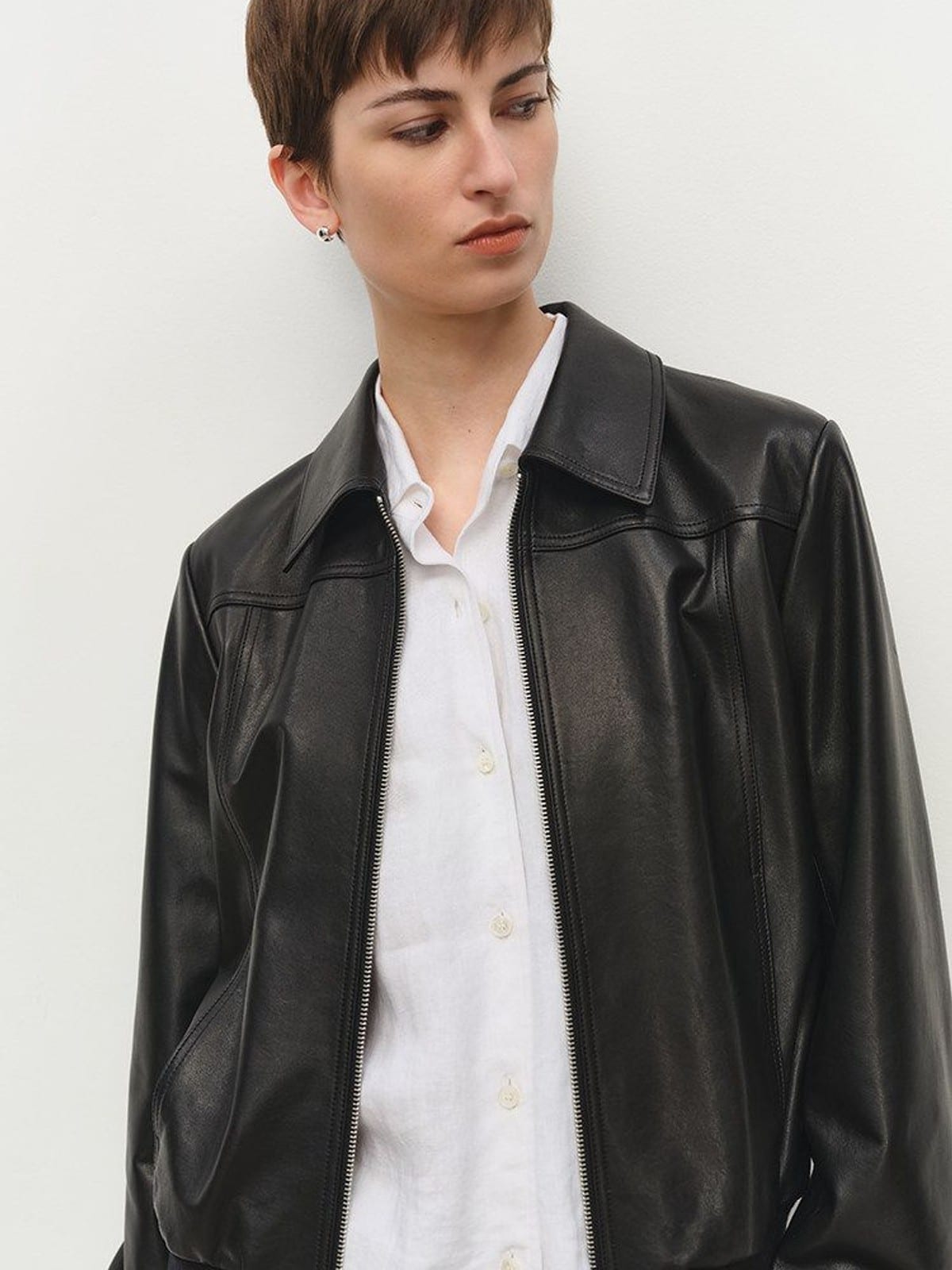 MSBEAST Top Grain Sheepskin Collared Bomber in Black - On Female Model