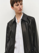 MSBEAST Top Grain Sheepskin Collared Bomber in Black - On Female Model