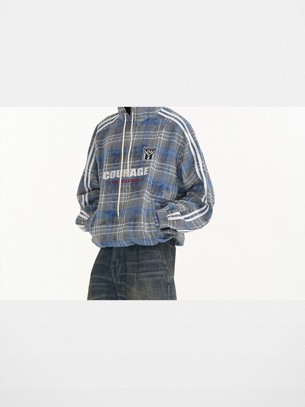 BLINDNOPLAN Paneled Plaid Pullover Hoodie in Blue - On Model