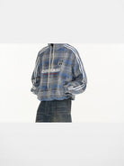 BLINDNOPLAN Paneled Plaid Pullover Hoodie in Blue - On Model
