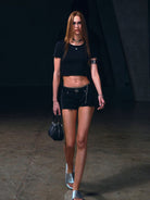 SMFK Ribbed Cotton Blend Cropped T Shirt in Black - On Female Model