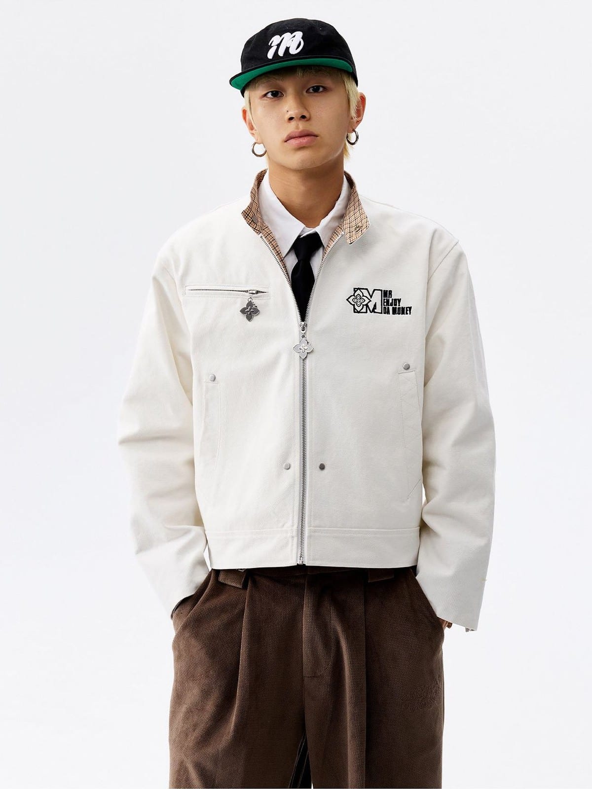 MEDM Plaid Collar Cotton Zip Up Jacket in White - On Male Model