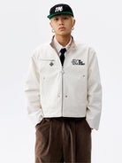 MEDM Plaid Collar Cotton Zip Up Jacket in White - On Male Model