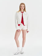 Amee Raw Edge Contrast Denim Jacket in White - On Female Model