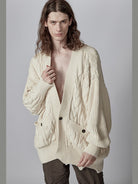 D5ove Distressed Cable Knit Noragi Cardigan in Cream - On Male Model