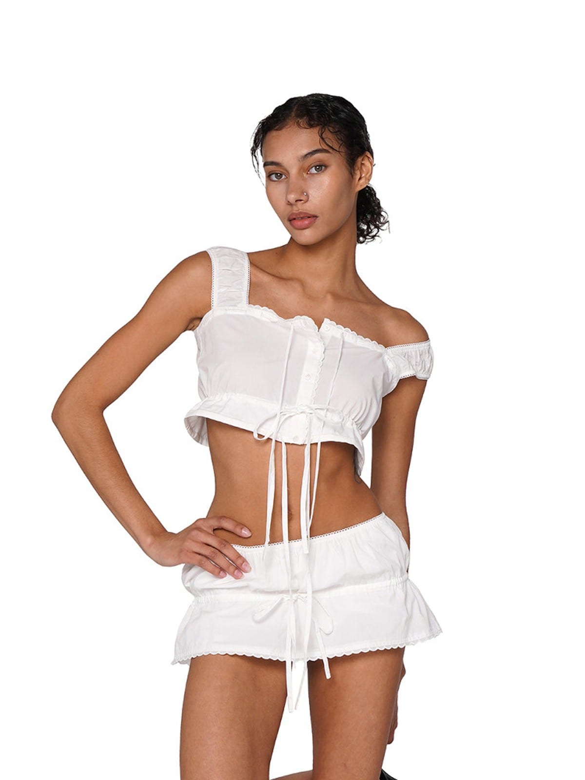 SweetChilling Tie Front Ruffled Mini Skirt in White - On Female Model