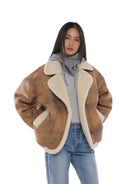 SweetChilling Vintage Faux Shearling Cropped Jacket in Brown - On Female Model