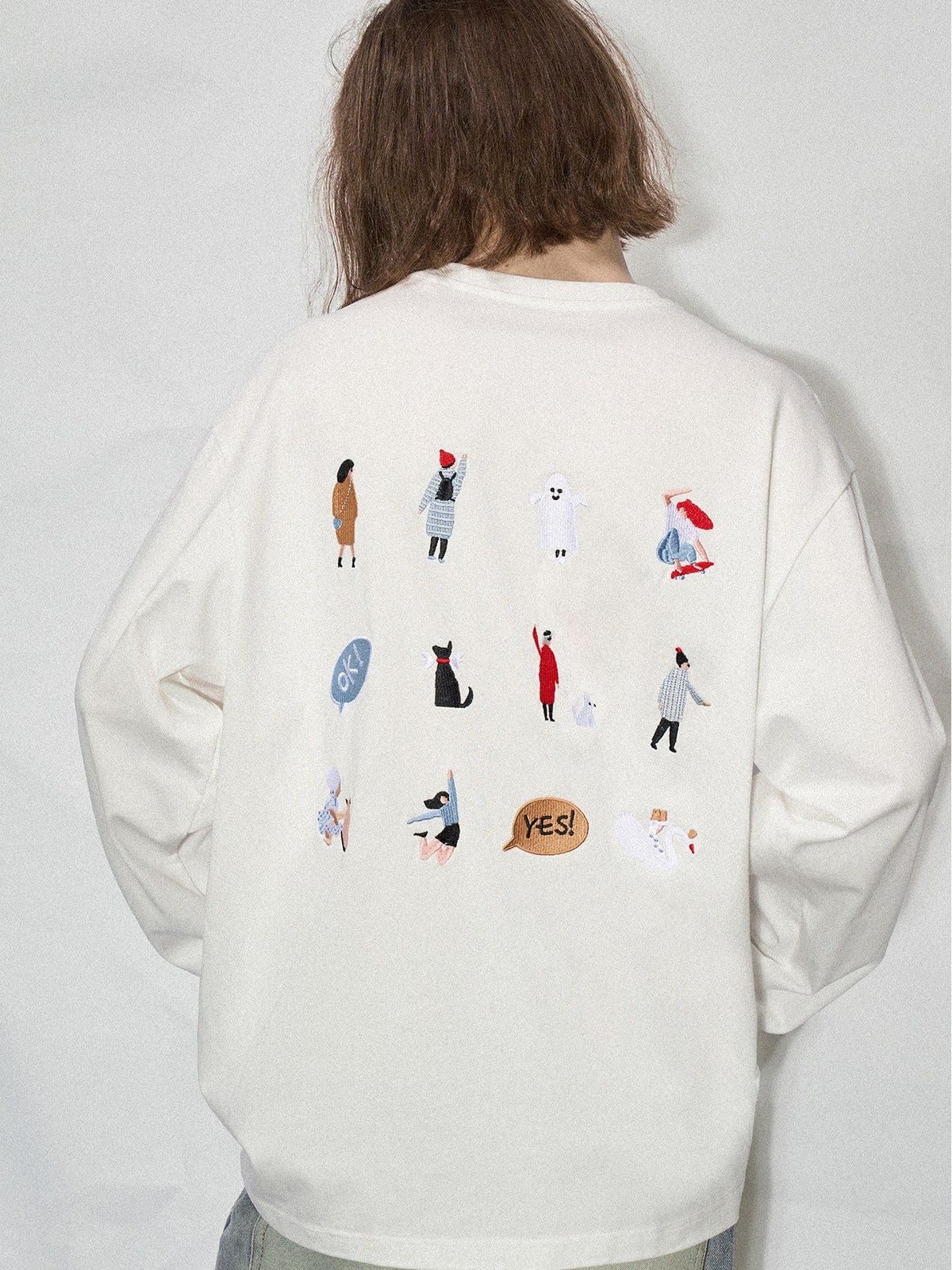 LOSTCTRL Embroidered Long Sleeve Cotton T Shirt in White - On Model