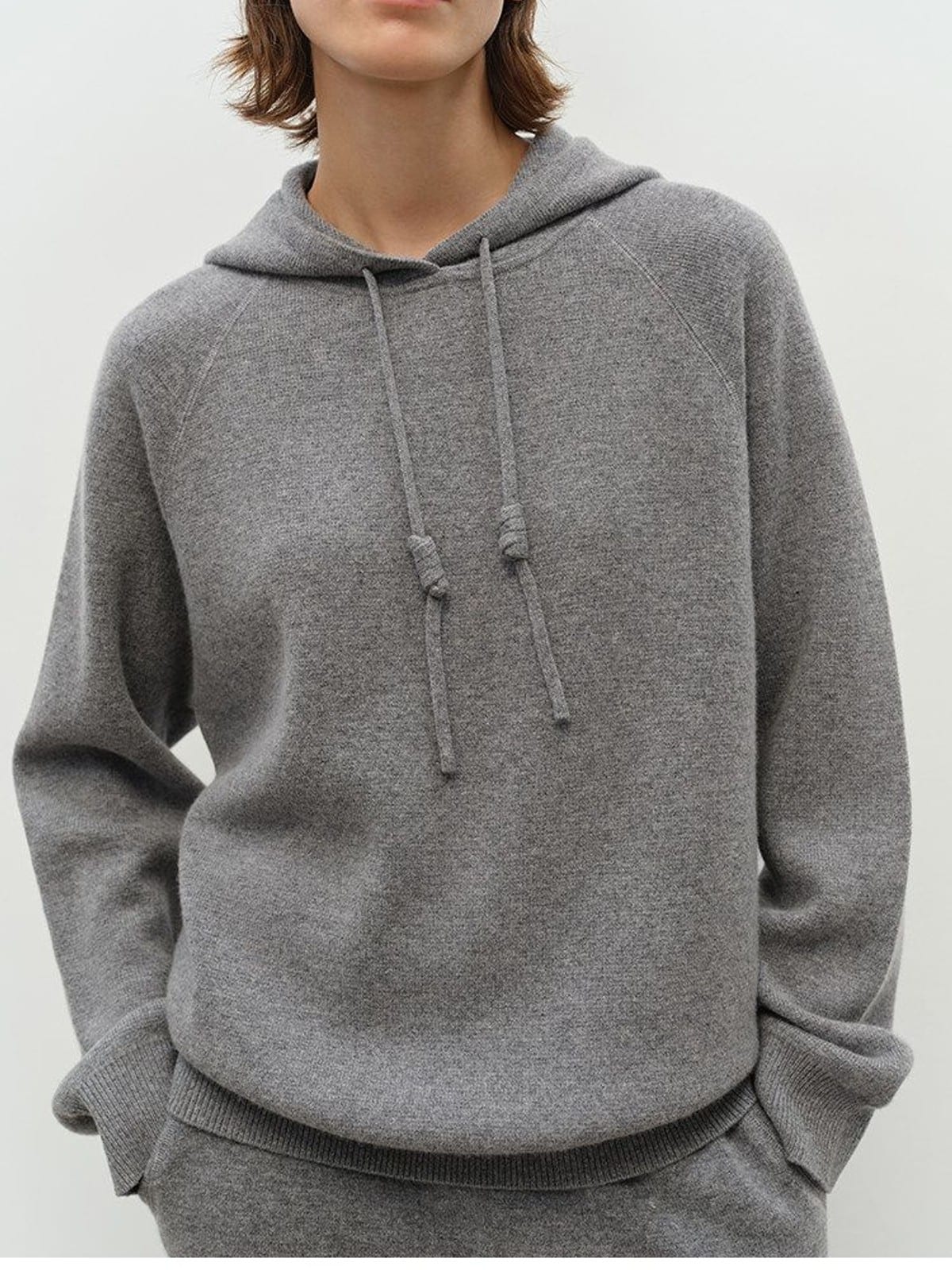 MSBEAST Pure Wool Waffle Knit Hoodie in Gray - On Female Model