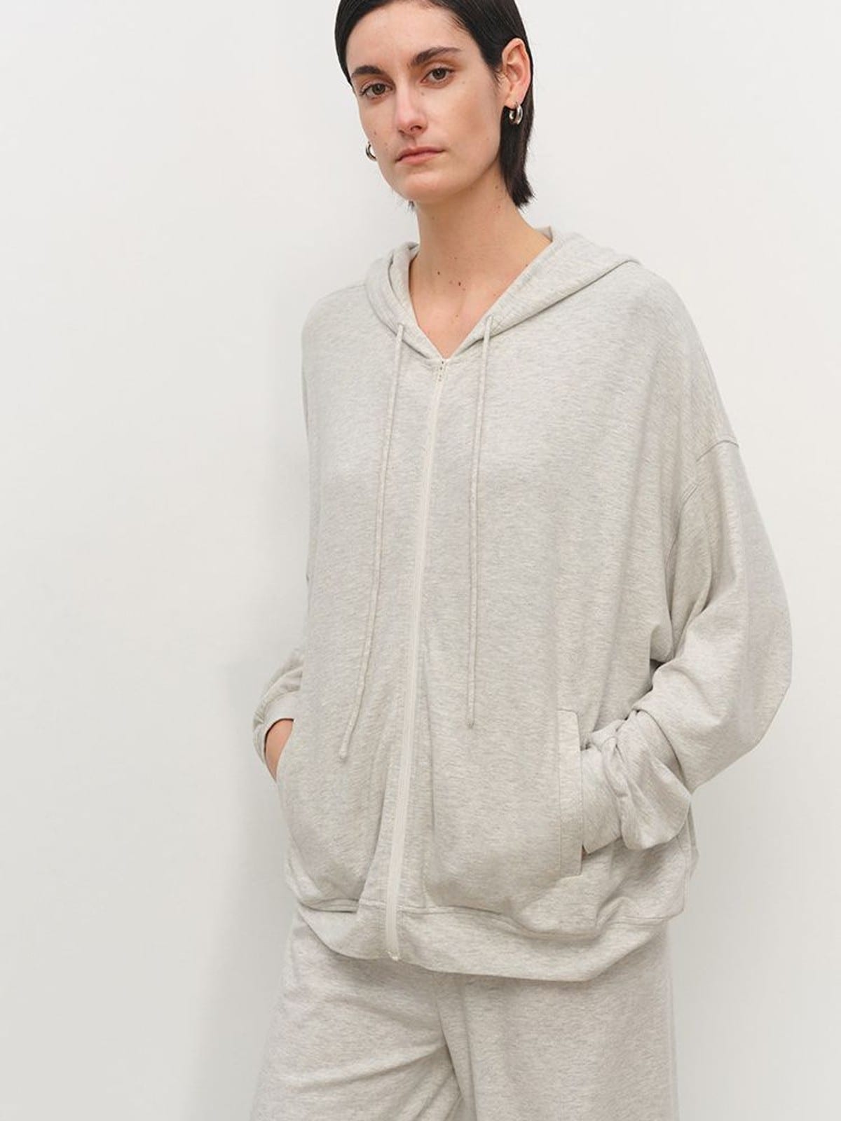 MSBEAST Lightweight Modal Blend Zip Up Hoodie in Gray - On Female Model