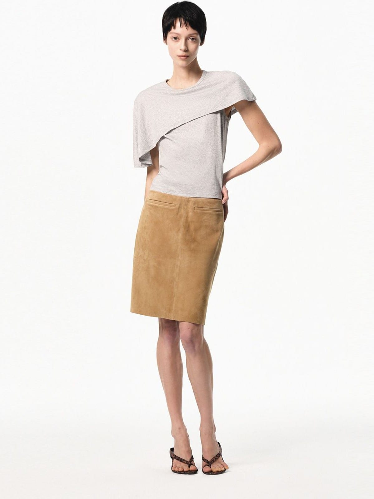 RARELY ALIKE Asymmetrical Draped Lyocell Blend Top in Gray - On Female Model