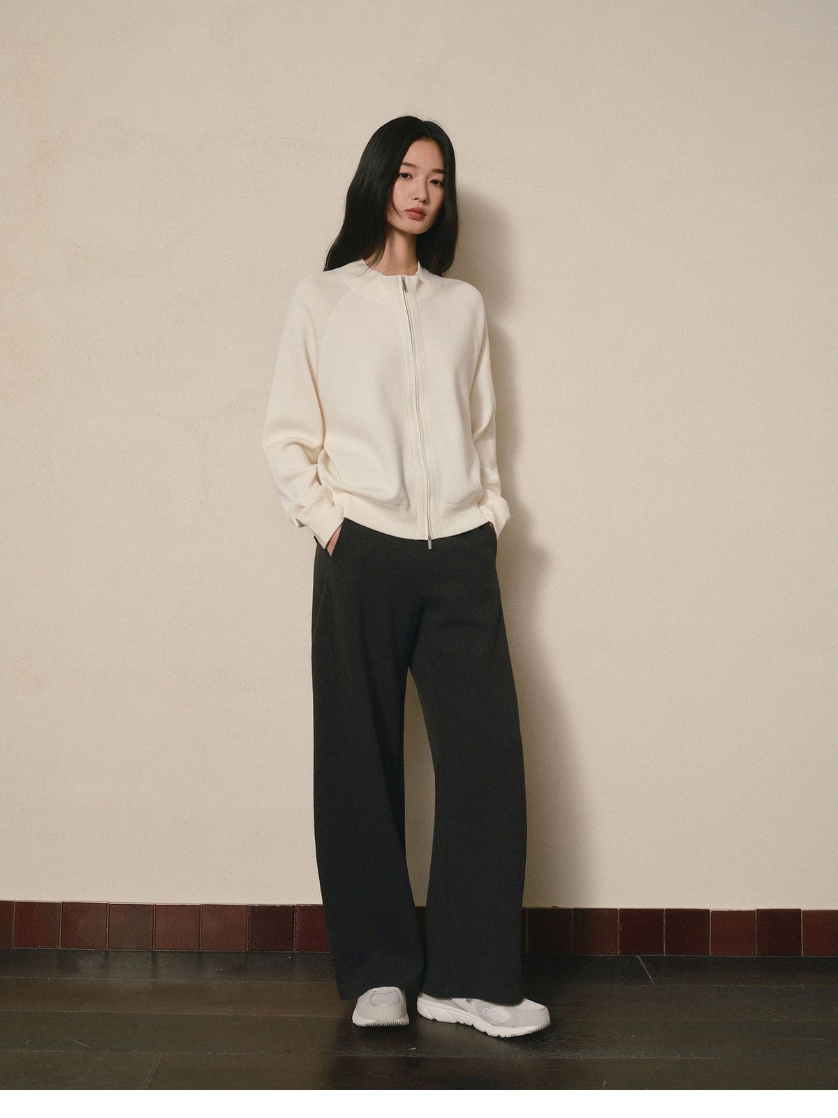 TEASEL Worsted Wool Double Zip Knit Jacket in Cream - On Female Model
