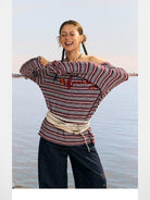 BeerBro Striped Off Shoulder Long Sleeve Tee in Red - On Female Model