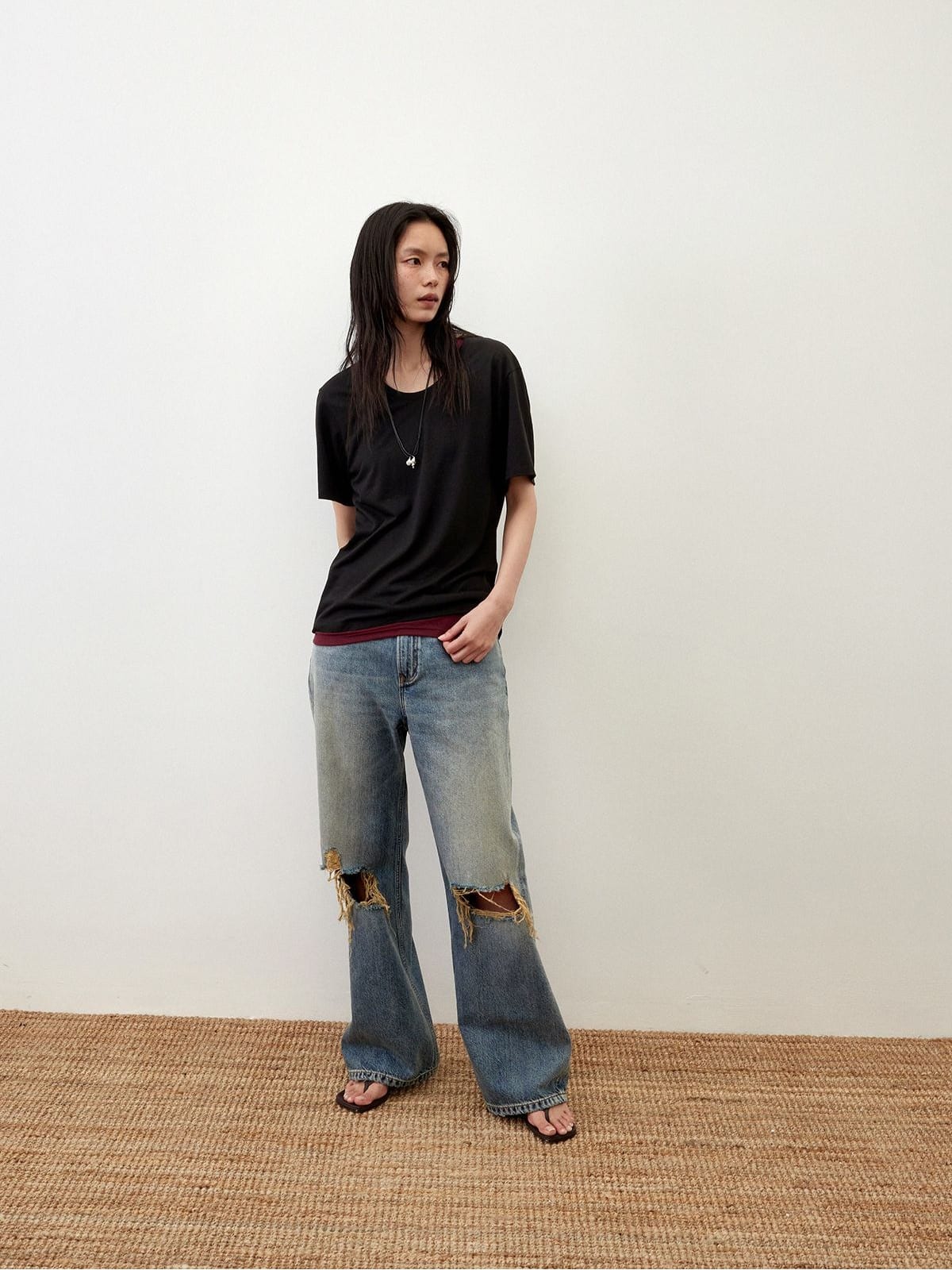 Random Piece Distressed Turkish Cotton Flared Jeans in Blue - On Female Model