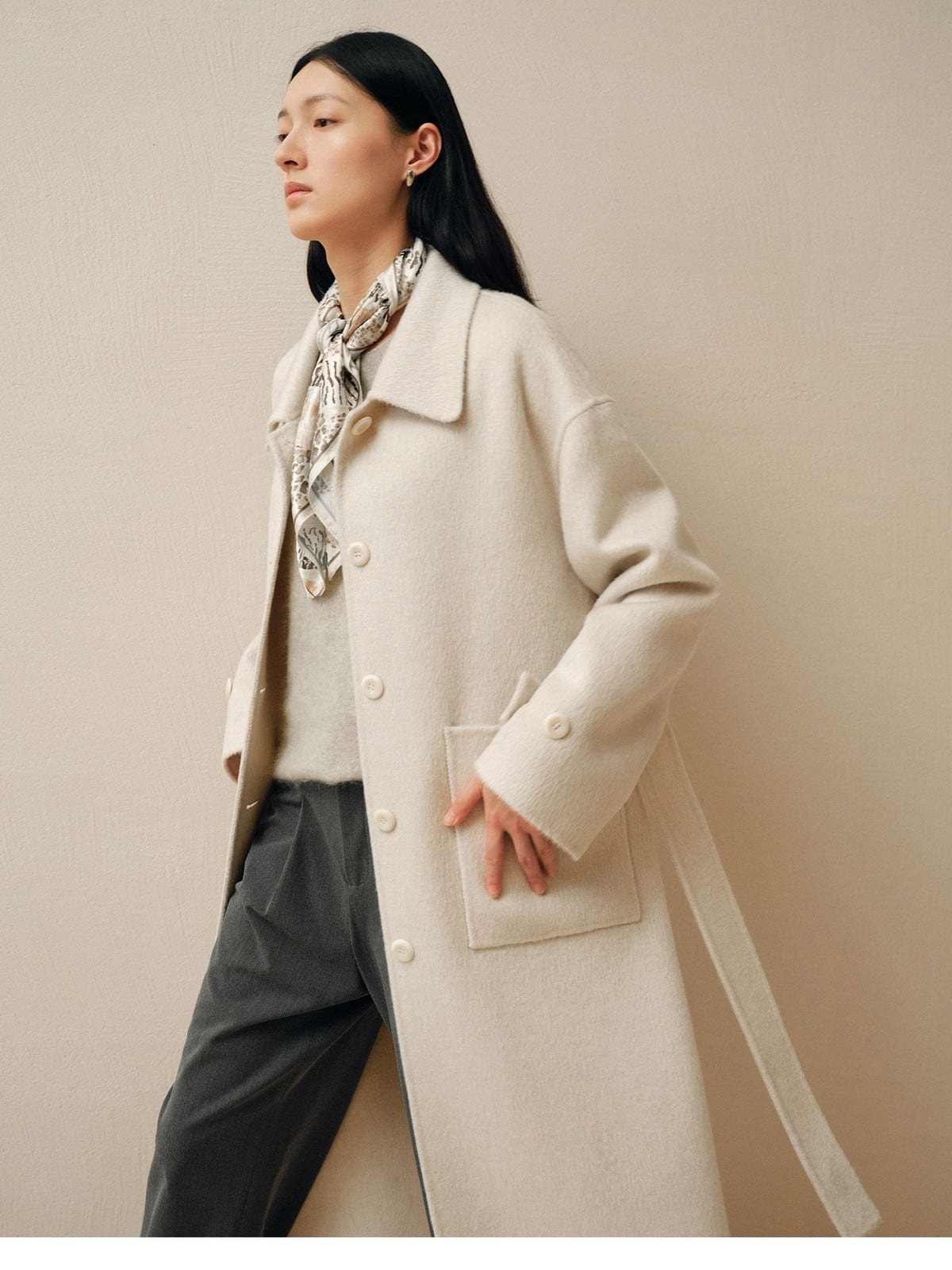 TEASEL Single Breasted Wool Blend Coat in Cream - On Female Model
