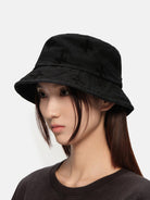 SMFK Distressed Frayed Denim Bucket Hat in Black - On Female Model