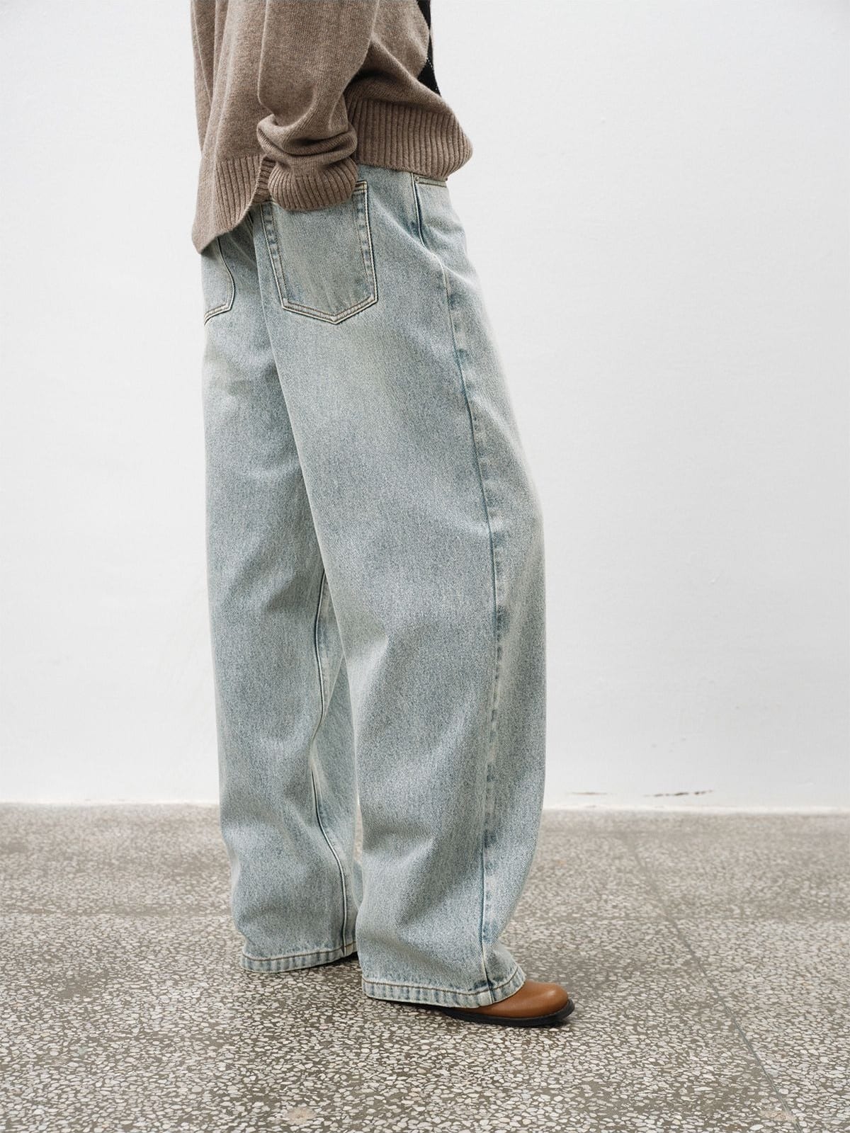 Random Piece Washed Cotton Twill Straight Jeans in Light Blue - On Model