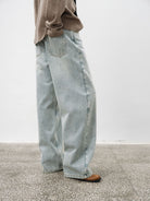 Random Piece Washed Cotton Twill Straight Jeans in Light Blue - On Model
